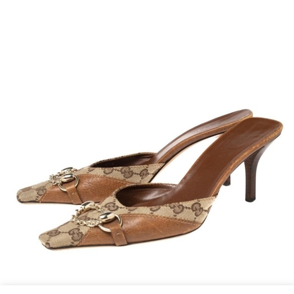 Gucci Beige/Brown Guccissima Canvas Horsebit And Bits Chain Slides Size 8.5 - Picture 2 of 8